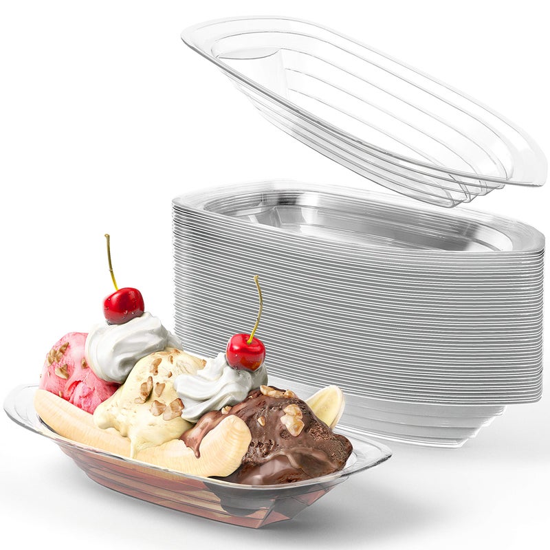 Super Fun Recyclable 8oz Banana Split Boats 50 Pack Durable Disposable Ice Cream Sundae Bowls Perfect Plastic Cups for Social Event or Kids Birthday Party Great Clear Dessert Tray for Carnivals