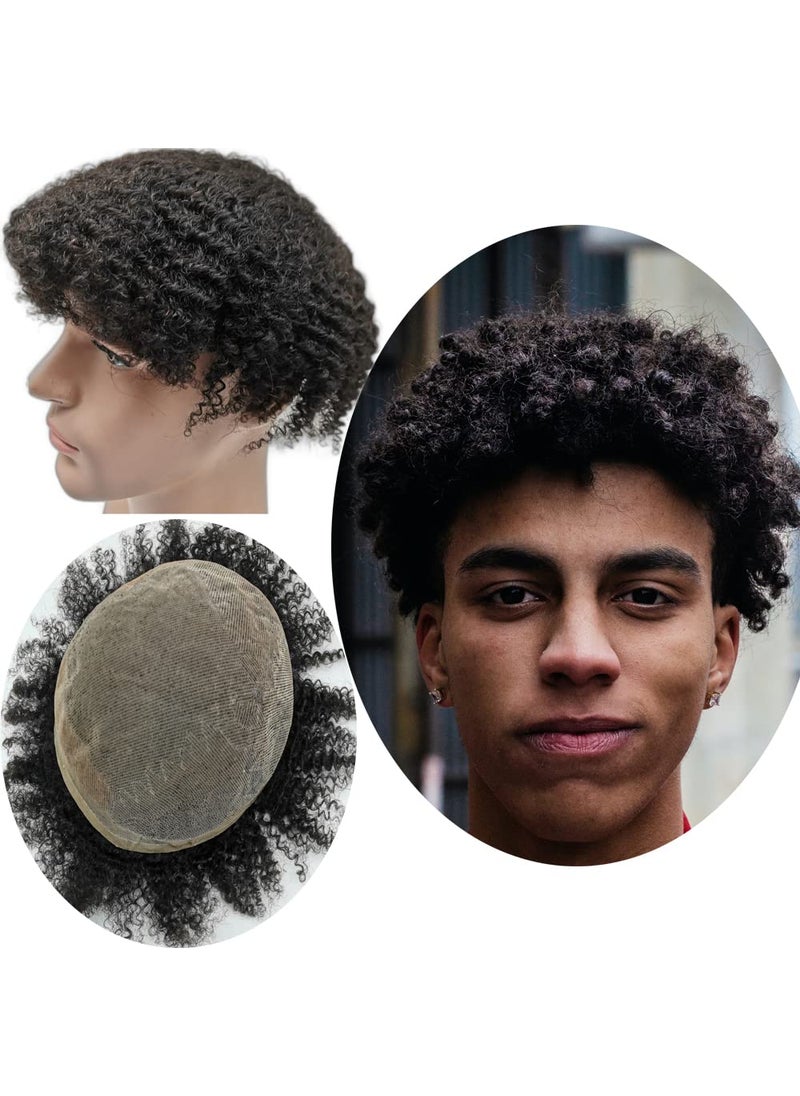 YANAHAIR - Afro Curl Toupee for Black Men African 10X8 Toupee for Men Hair Pieces Mens Prosthesis Replacement Hairpiece Real Human Hair Units Breathable Fine French Lace System 8mm curl,#1 Jet Black - Image 1