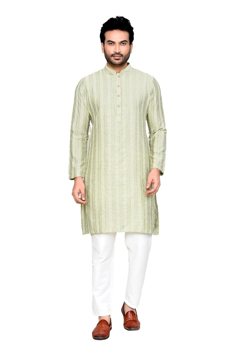 Polyfab Men's Cotton Jacquard Striped Kurta Pyjama Set with Full Sleeves & Mandarin Collar - Image 1