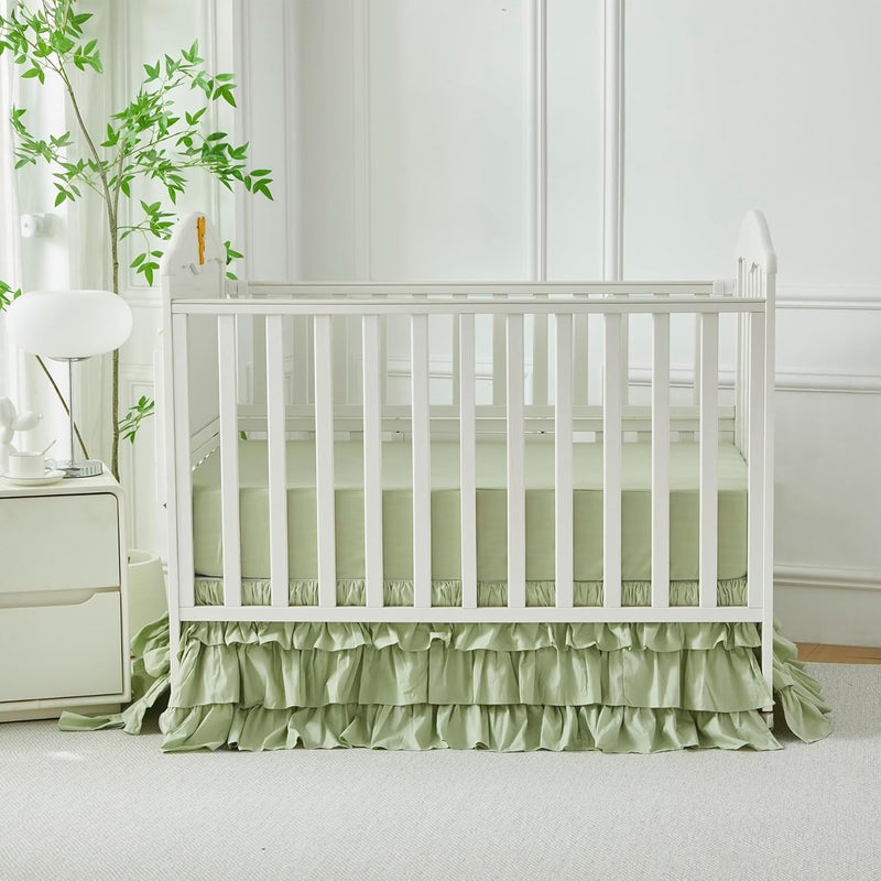 Brandream Crib Skirt Triple Layer Cotton Nursery Bed Skirt for Baby Girls Boys Toddler Bedskirt Solid Color Light Green Dust Ruffle Gender Neutral Farmhouse Chic Boho Bohemian Skirt - Image 5