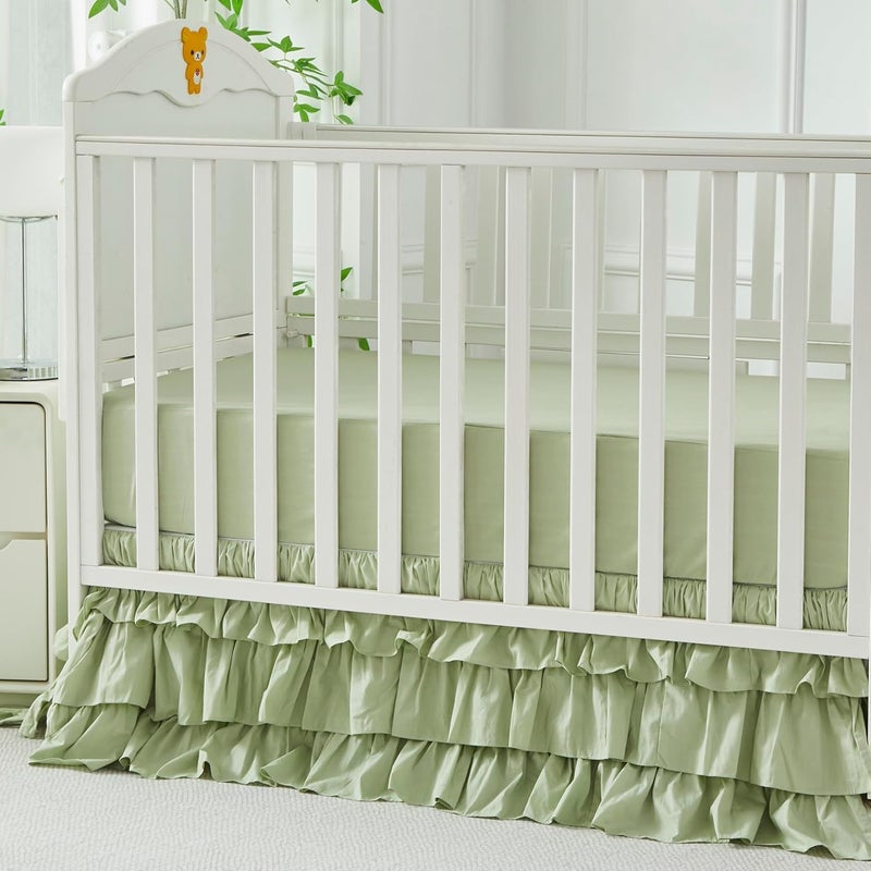 Brandream Crib Skirt Triple Layer Cotton Nursery Bed Skirt for Baby Girls Boys Toddler Bedskirt Solid Color Light Green Dust Ruffle Gender Neutral Farmhouse Chic Boho Bohemian Skirt - Image 2