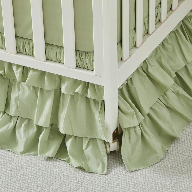 Brandream Crib Skirt Triple Layer Cotton Nursery Bed Skirt for Baby Girls Boys Toddler Bedskirt Solid Color Light Green Dust Ruffle Gender Neutral Farmhouse Chic Boho Bohemian Skirt - Image 1