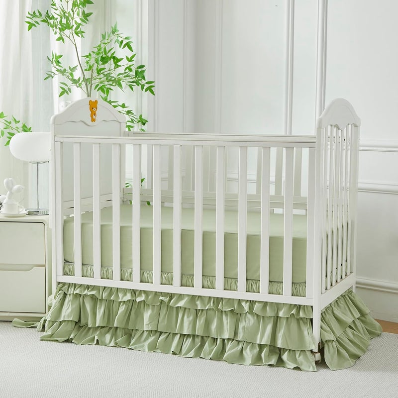 Brandream Crib Skirt Triple Layer Cotton Nursery Bed Skirt for Baby Girls Boys Toddler Bedskirt Solid Color Light Green Dust Ruffle Gender Neutral Farmhouse Chic Boho Bohemian Skirt - Image 3