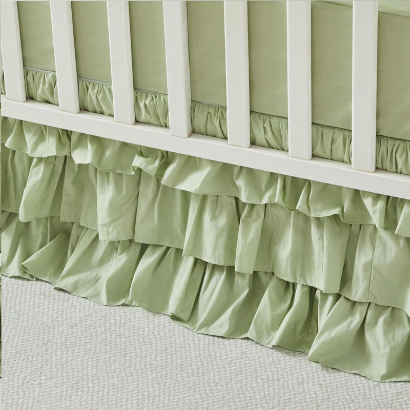 Brandream Crib Skirt Triple Layer Cotton Nursery Bed Skirt for Baby Girls Boys Toddler Bedskirt Solid Color Light Green Dust Ruffle Gender Neutral Farmhouse Chic Boho Bohemian Skirt - Image 4