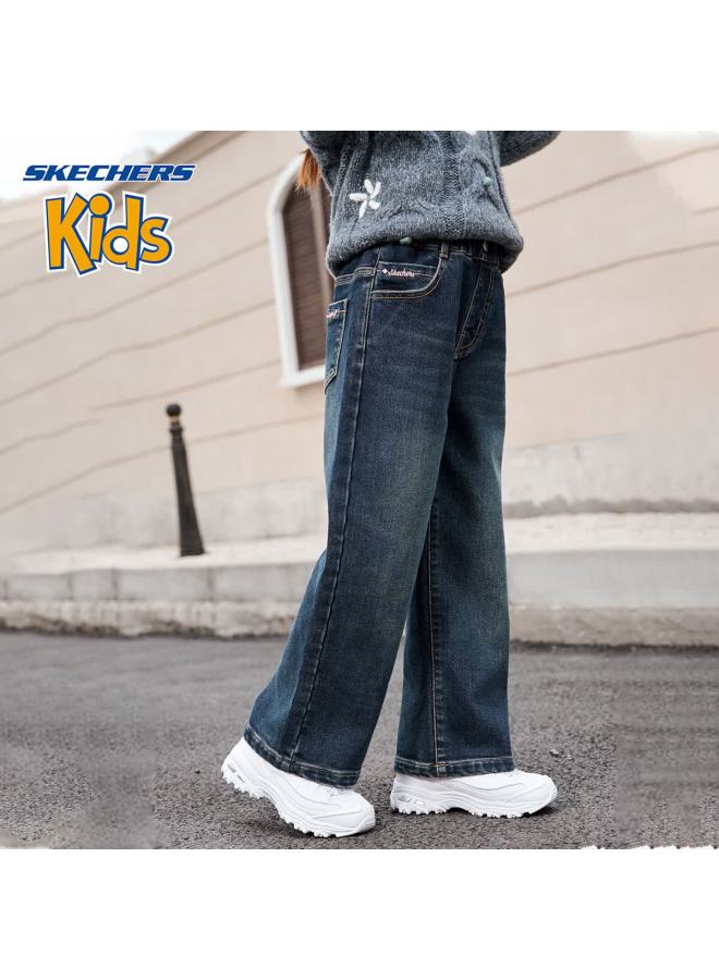 Skechers Girls' Kids' Pants  Winter Outdoor Casual Wide-leg Jeans Dark Blue 120 - Image 1