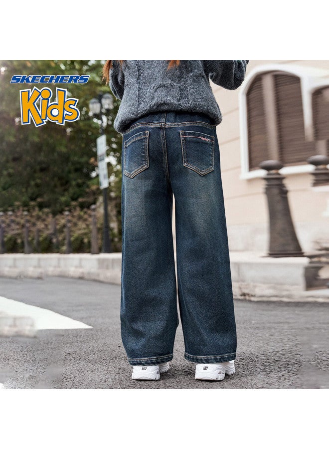 Skechers Girls' Kids' Pants  Winter Outdoor Casual Wide-leg Jeans Dark Blue 120 - Image 4