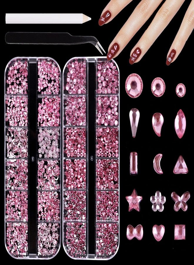 Snmzlc 2 Boxes mini nail art rhinestones multi shape nail gem design charm 3D star heart water drop butterfly moon square diamond pink mix DIY acrylic nail kit US281 (pink) - Image 1