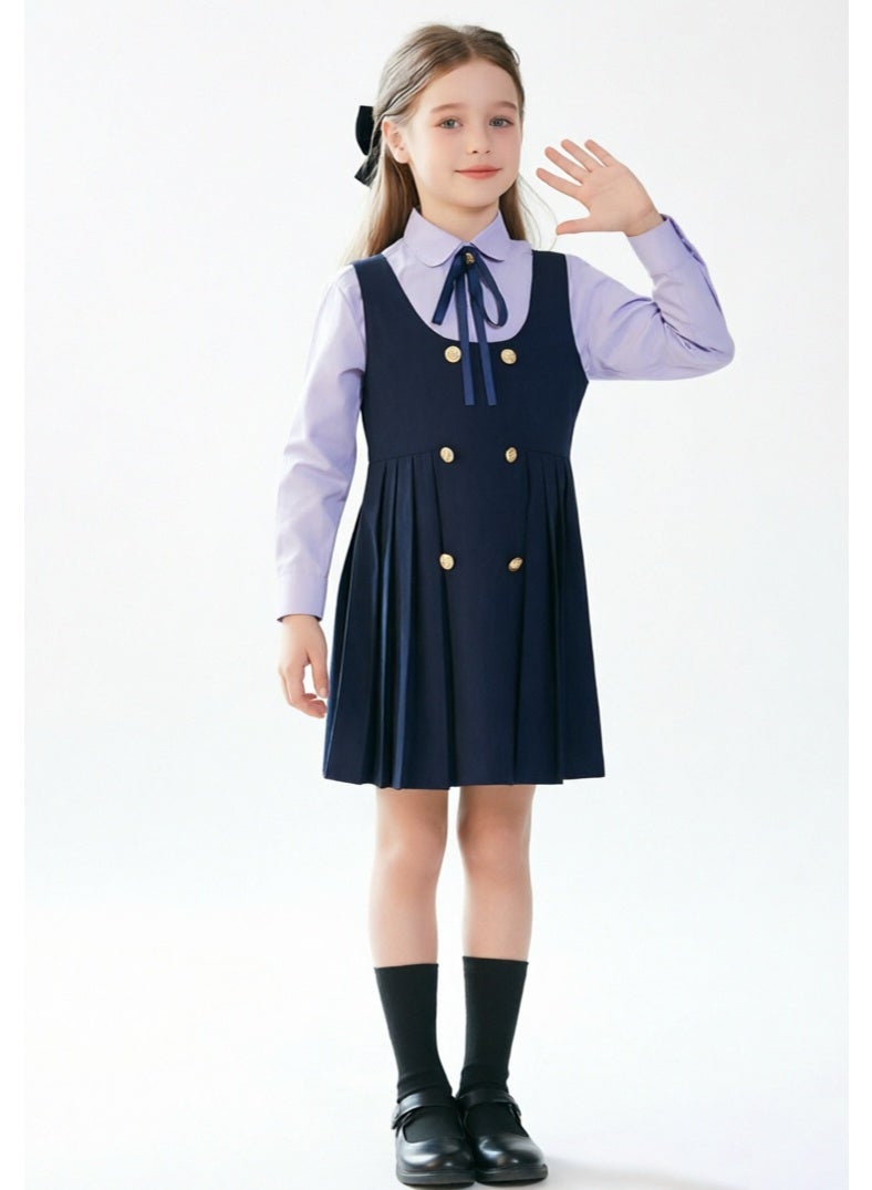 liannaner Girls School Uniform Outfit, Long Sleeve Shirt with Pleated Sleeveless Pinafore Dress Set, Kids British Style Dress for School Performance Daily Wear - Image 1