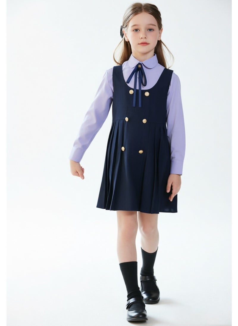 liannaner Girls School Uniform Outfit, Long Sleeve Shirt with Pleated Sleeveless Pinafore Dress Set, Kids British Style Dress for School Performance Daily Wear - Image 4