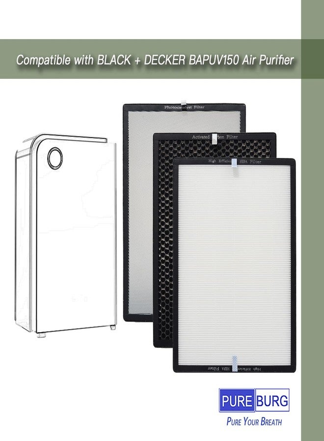 PUREBURG مجموعة فلاتر بديلة PUREBURG AF3 متوافقة مع جهاز تنقية الهواء BLACK + DECKER BAPUV150، فلتر H13 HEPA رباعي المراحل، فلتر كربون نشط لتنقية الهواء من الغبار والمركبات العضوية المتطايرة والروائح - Image 5