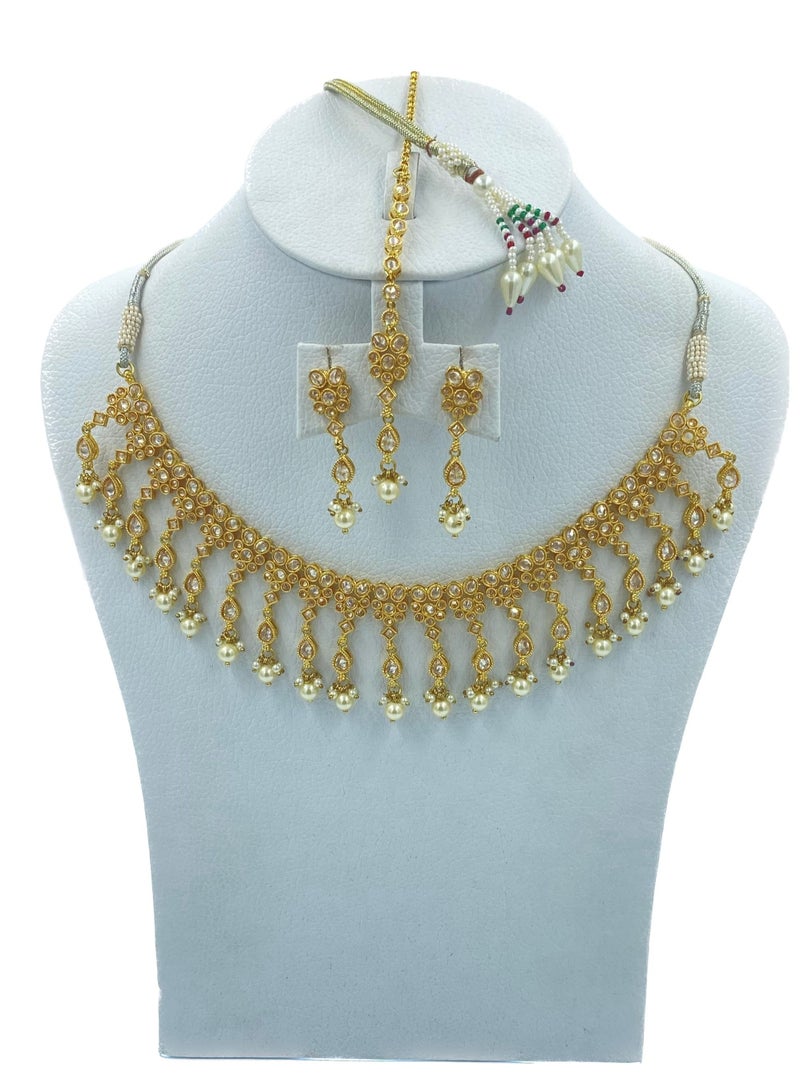 GOHONA Royal Bling Bollywood Traditional Indian  Jewelry Necklace With Earrings Set and 1 Tikka in Yellow color - Image 1