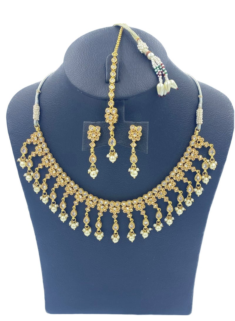 GOHONA Royal Bling Bollywood Traditional Indian  Jewelry Necklace With Earrings Set and 1 Tikka in Yellow color - Image 2