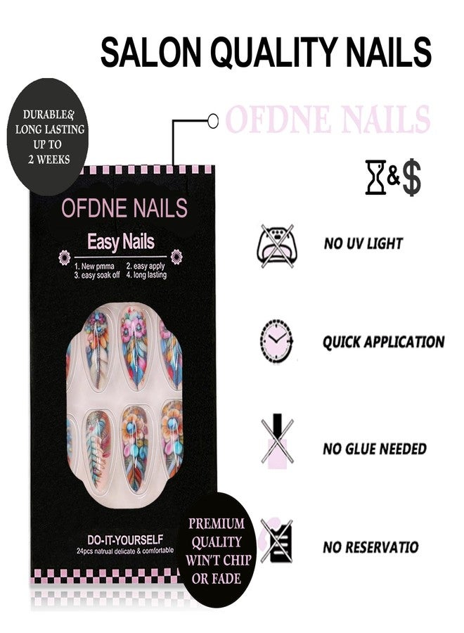 OFDNE Feather Press on Nails Medium Almond OFDNE Blue Fake Nails False Nails with Designs Blue Rhinestones Floral Glossy Glue on Nails Stick on Nails Acrylic Nails for Women Girls 24 Pcs - Image 2