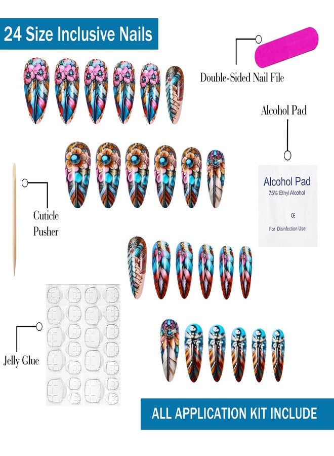 OFDNE Feather Press on Nails Medium Almond OFDNE Blue Fake Nails False Nails with Designs Blue Rhinestones Floral Glossy Glue on Nails Stick on Nails Acrylic Nails for Women Girls 24 Pcs - Image 3