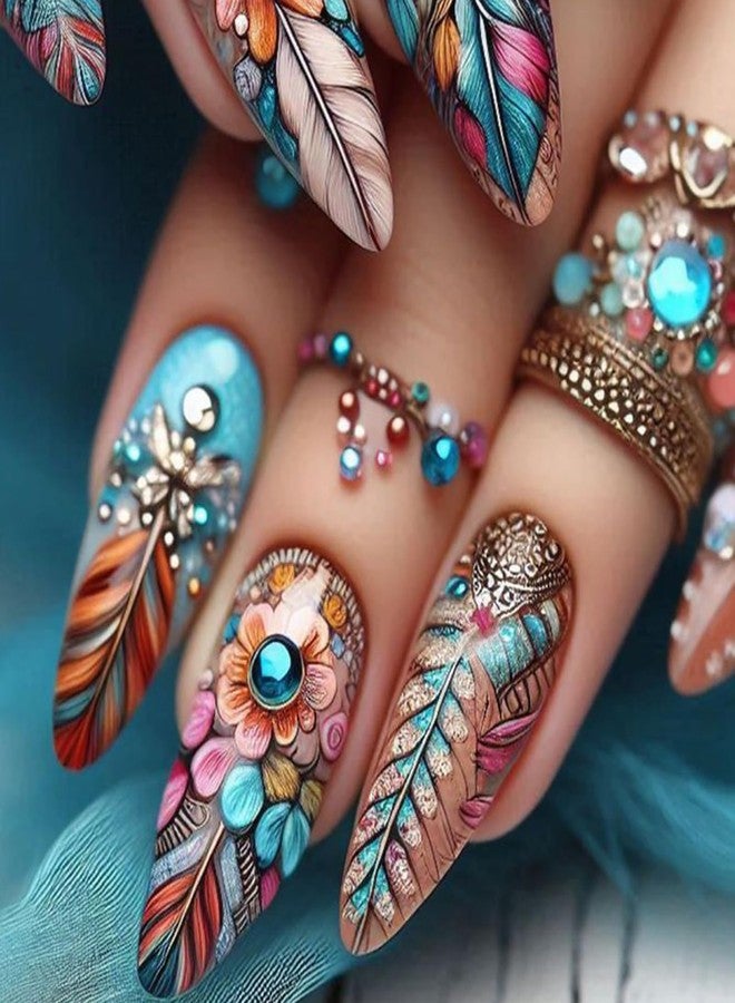 OFDNE Feather Press on Nails Medium Almond OFDNE Blue Fake Nails False Nails with Designs Blue Rhinestones Floral Glossy Glue on Nails Stick on Nails Acrylic Nails for Women Girls 24 Pcs - Image 1