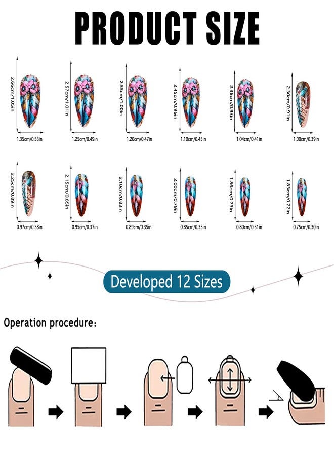 OFDNE Feather Press on Nails Medium Almond OFDNE Blue Fake Nails False Nails with Designs Blue Rhinestones Floral Glossy Glue on Nails Stick on Nails Acrylic Nails for Women Girls 24 Pcs - Image 5