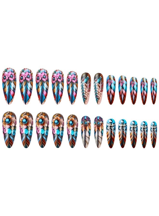 OFDNE Feather Press on Nails Medium Almond OFDNE Blue Fake Nails False Nails with Designs Blue Rhinestones Floral Glossy Glue on Nails Stick on Nails Acrylic Nails for Women Girls 24 Pcs - Image 4