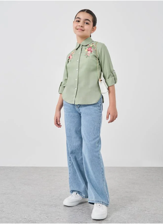 Styli Styli Girls Embroidered Roll-Up Sleeves Shirt