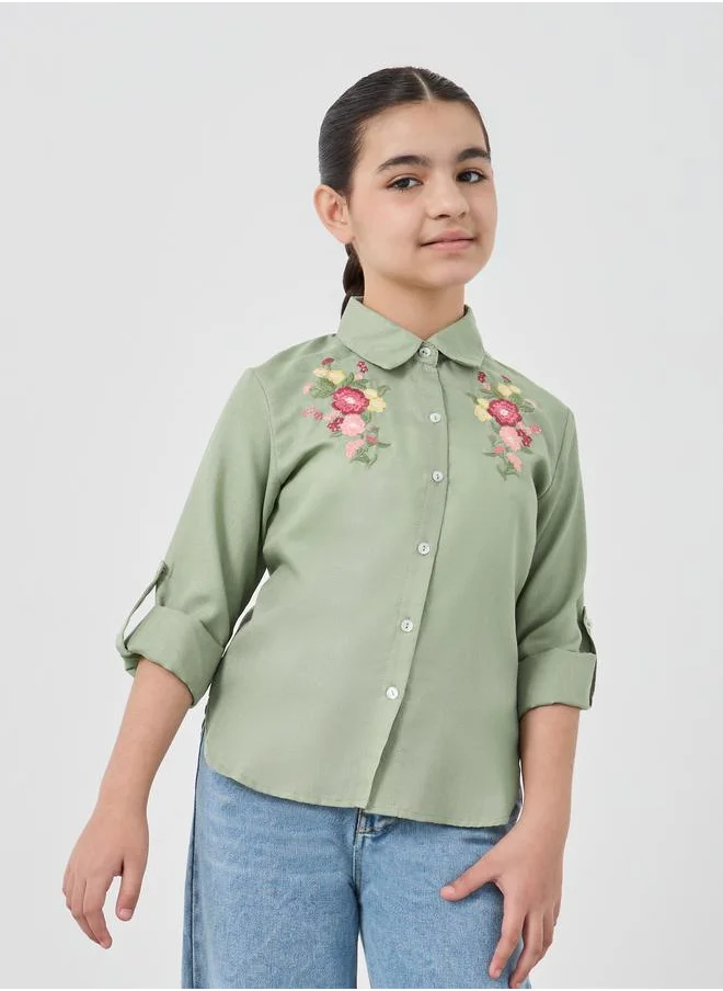 Styli Styli Girls Embroidered Roll-Up Sleeves Shirt