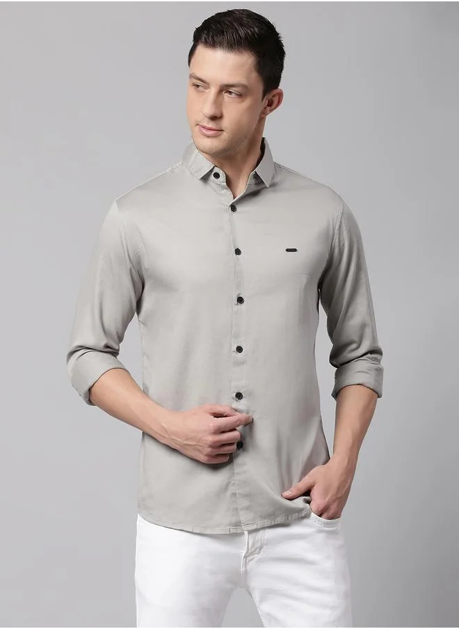 دينيس لينغو Grey Slim Fit Casual Spread Shirt - 100% Cotton