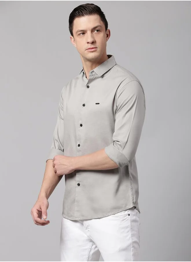 دينيس لينغو Grey Slim Fit Casual Spread Shirt - 100% Cotton