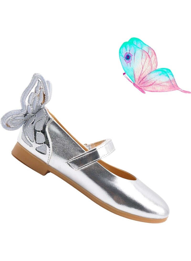 Kids A More Mariposa Butterfly Figure Detailed Girls Ballerina Shoes Silver Color10  - Image 1