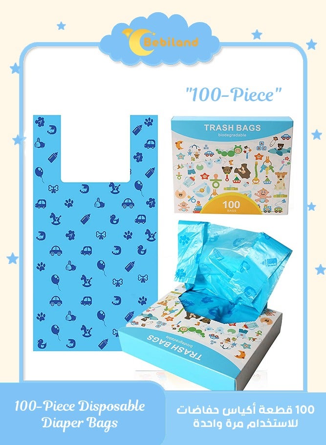 Bebiland 100-Piece Disposable Diaper Bags with Handle Easy-Tie, Safe and Odour Control Biodegradable Baby Nappy Sacks for Collecting Nappies and Garbage, Blue - Image 1