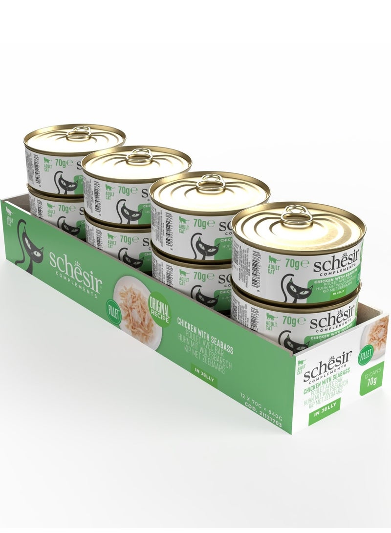 Schesir Complements Cat Wet Food in Jelly Can- Chicken With Seabass 70gx12pcs - Image 1