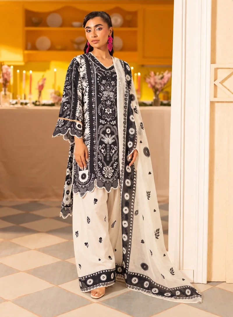 BAZM 3-Piece Women's Ethnic Wear Collection with Intricate Black & White Print