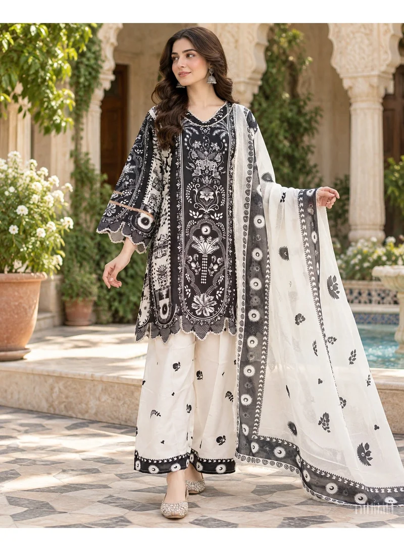 BAZM 3-Piece Women's Ethnic Wear Collection with Intricate Black & White Print