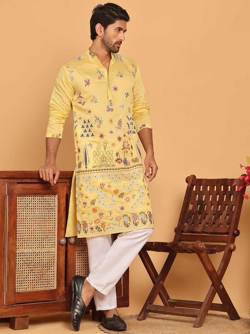 PRASHA Floral Embroidered and Sequins Kurta Set ( JOKP P 5140 Yellow ) - Image 1