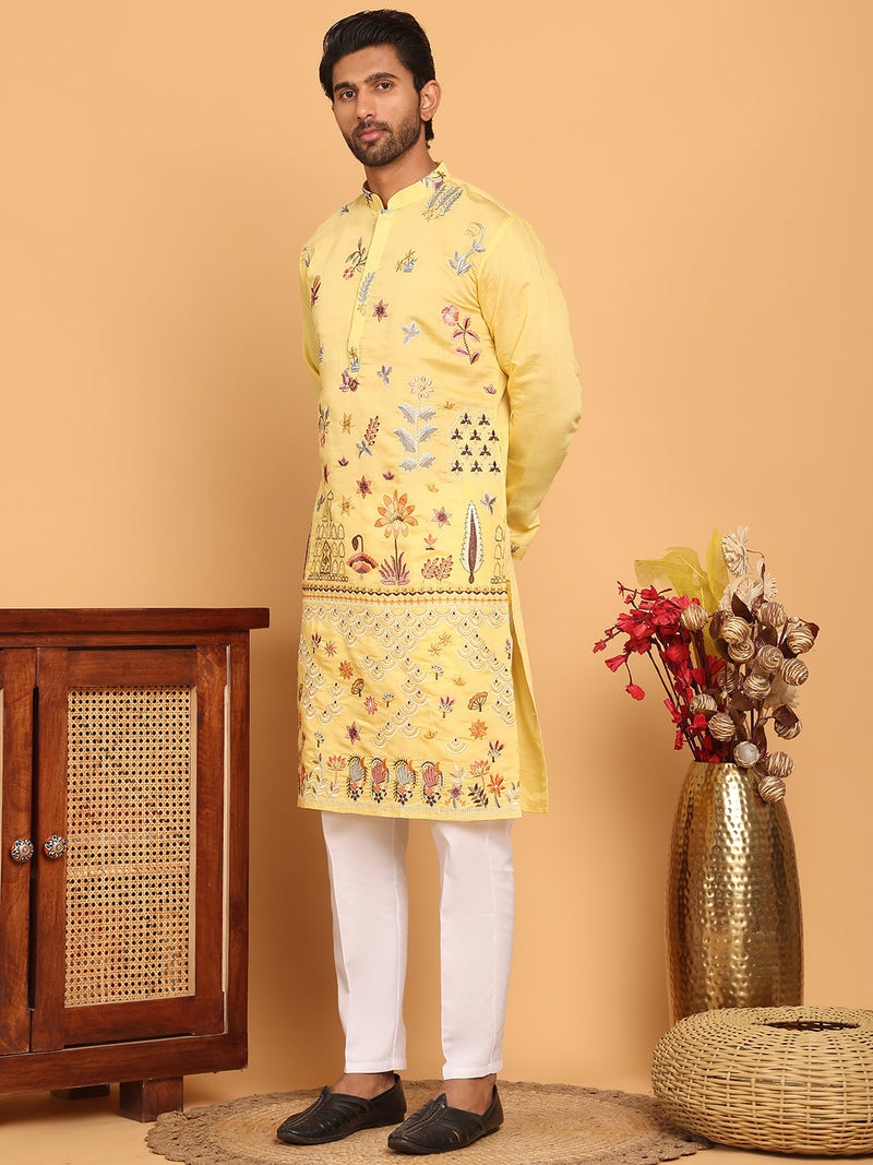 PRASHA Floral Embroidered and Sequins Kurta Set ( JOKP P 5140 Yellow ) - Image 2