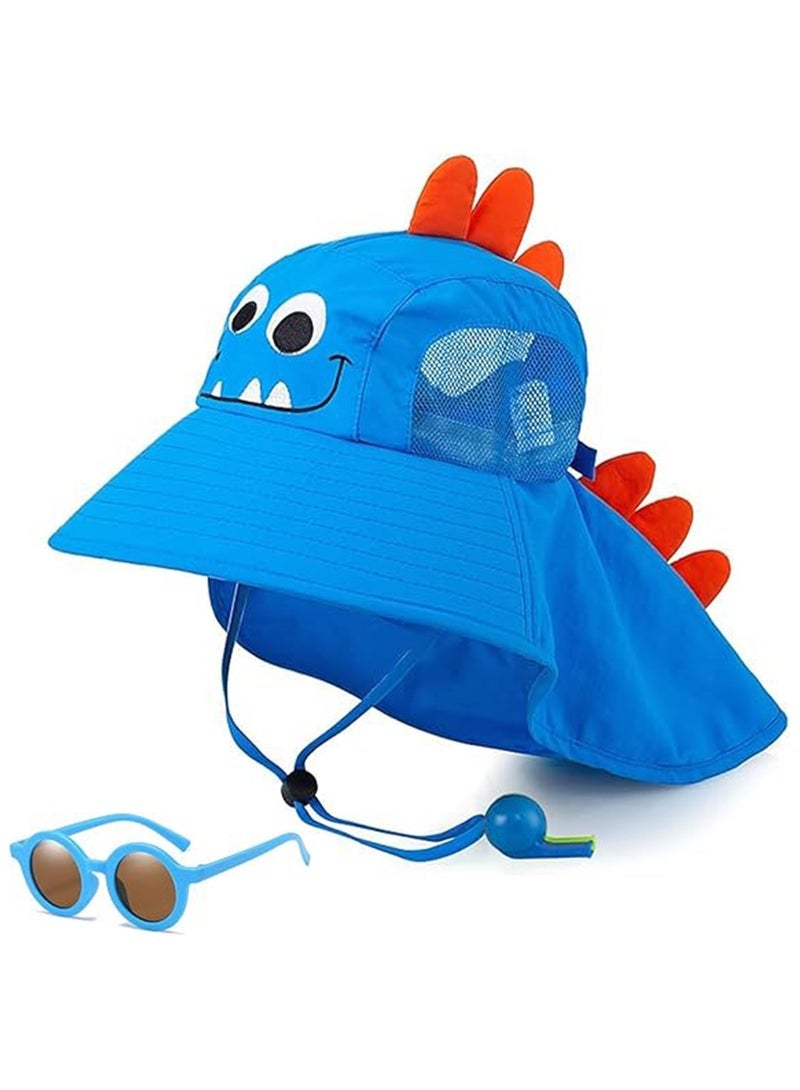 Kids Sun Hat with Neck Flap Girls Boys Swim Pool Hat Child Summer Beach Hat with Sunglasses UPF 50+ Age 3-8 Blue - Image 1
