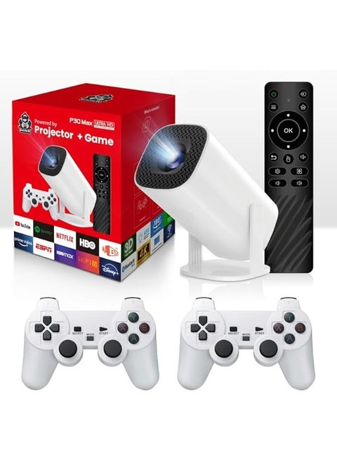 P30 Max Projector and Game, Game Projector with Controllers, Projector and Game Console, Console Projector with Retro Games, Arcade Vision Projector with 2 Gamepads Android 11 Wifi6 Bt 4k HD Projector