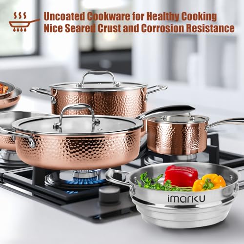 imarku Stainless Steel Pots and Pans Set, 14PCS Kitchen Cookware Sets with Lids, Non-Toxic Tri-Ply Clad Hammered Stainless Steel, Suits Ceramic and Induction, Best Gifts for Women Men - Image 5