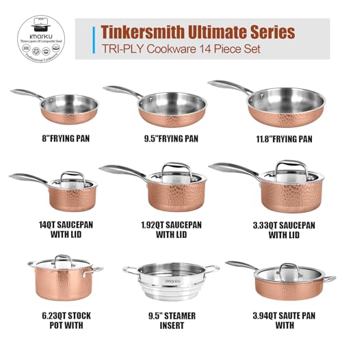 imarku Stainless Steel Pots and Pans Set, 14PCS Kitchen Cookware Sets with Lids, Non-Toxic Tri-Ply Clad Hammered Stainless Steel, Suits Ceramic and Induction, Best Gifts for Women Men - Image 2