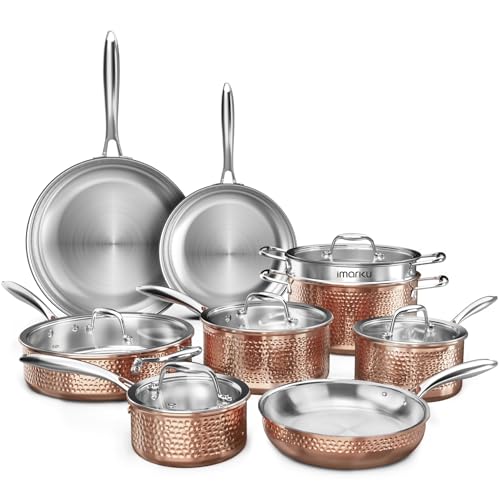 imarku Stainless Steel Pots and Pans Set, 14PCS Kitchen Cookware Sets with Lids, Non-Toxic Tri-Ply Clad Hammered Stainless Steel, Suits Ceramic and Induction, Best Gifts for Women Men - Image 1