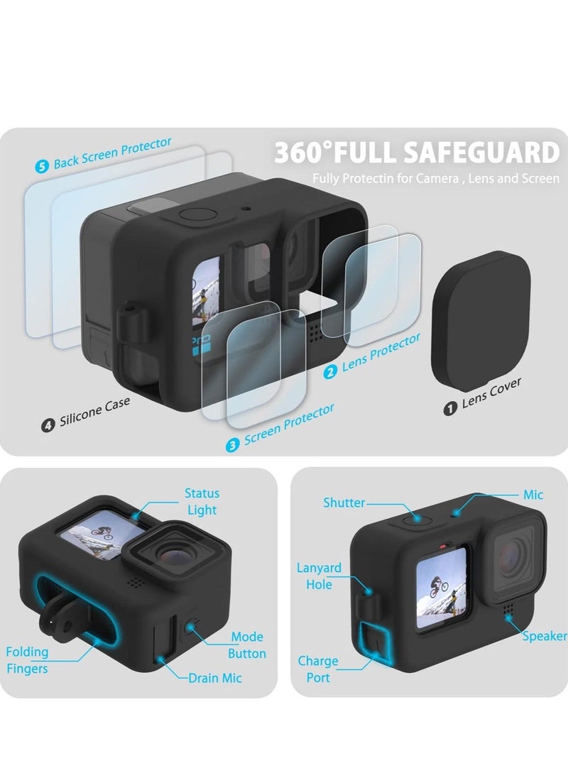 Silicone Sleeve Case for Go Pro Hero 11 /Hero 10 /Hero 9 Black, Battery Side Cover  Screen Protectors  Lens Caps  Lanyard for Go Pro Hero 11 /10 / 9 Accessories Kit - Image 3
