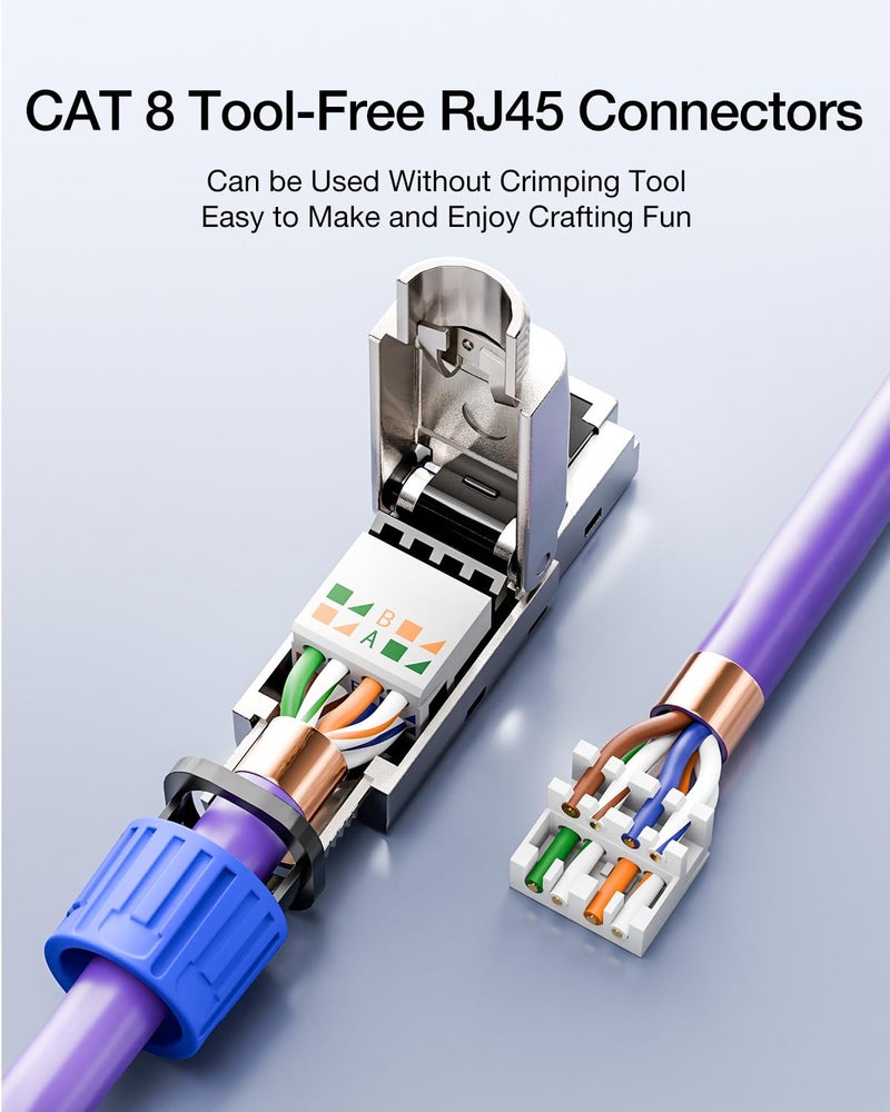 VCELINK RJ45 Connector Toolless, Gold Plated Cat7 Shielded Plug for Cat6A/Cat7 Cable, POE Support, 10Gbps, 2 Pack - Image 2