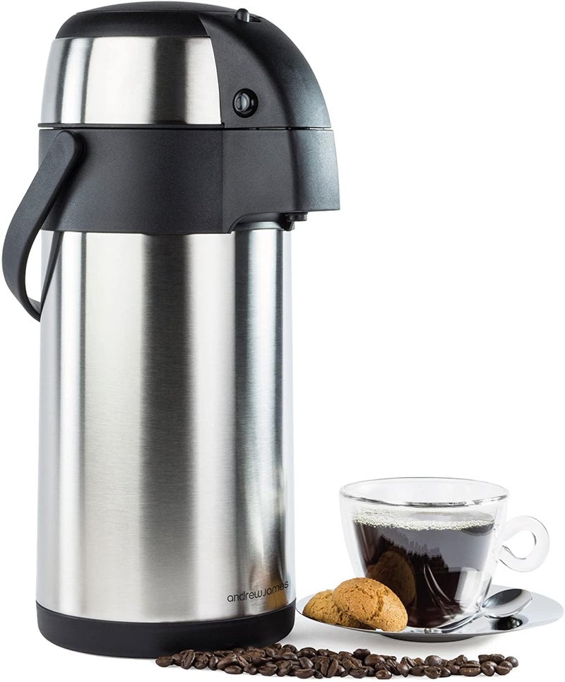 Andrew James Airpot Hot Water Dispenser Insulated Jug with Pump Mechanism Made of Stainless Steel DoubleWalled Lightweight and Robust with Carry Handle Ideal for Hot and Cold Drinks 3L