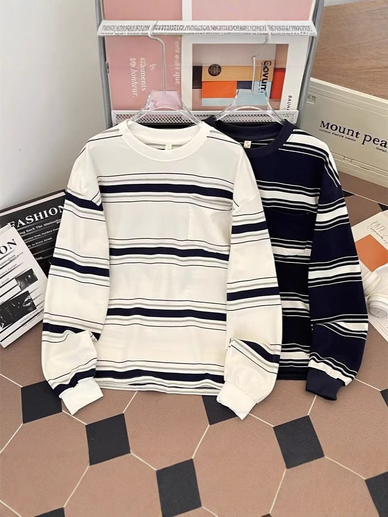 Heavy Japanese Style Pure Cotton Long-Sleeved T-Shirt Sweater Men'S Hong Kong Fashion Brand Striped Hatless Loose Round Neck Base Shirt - Image 5