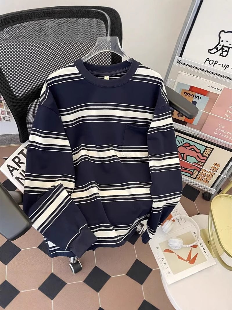 Heavy Japanese Style Pure Cotton Long-Sleeved T-Shirt Sweater Men'S Hong Kong Fashion Brand Striped Hatless Loose Round Neck Base Shirt - Image 2