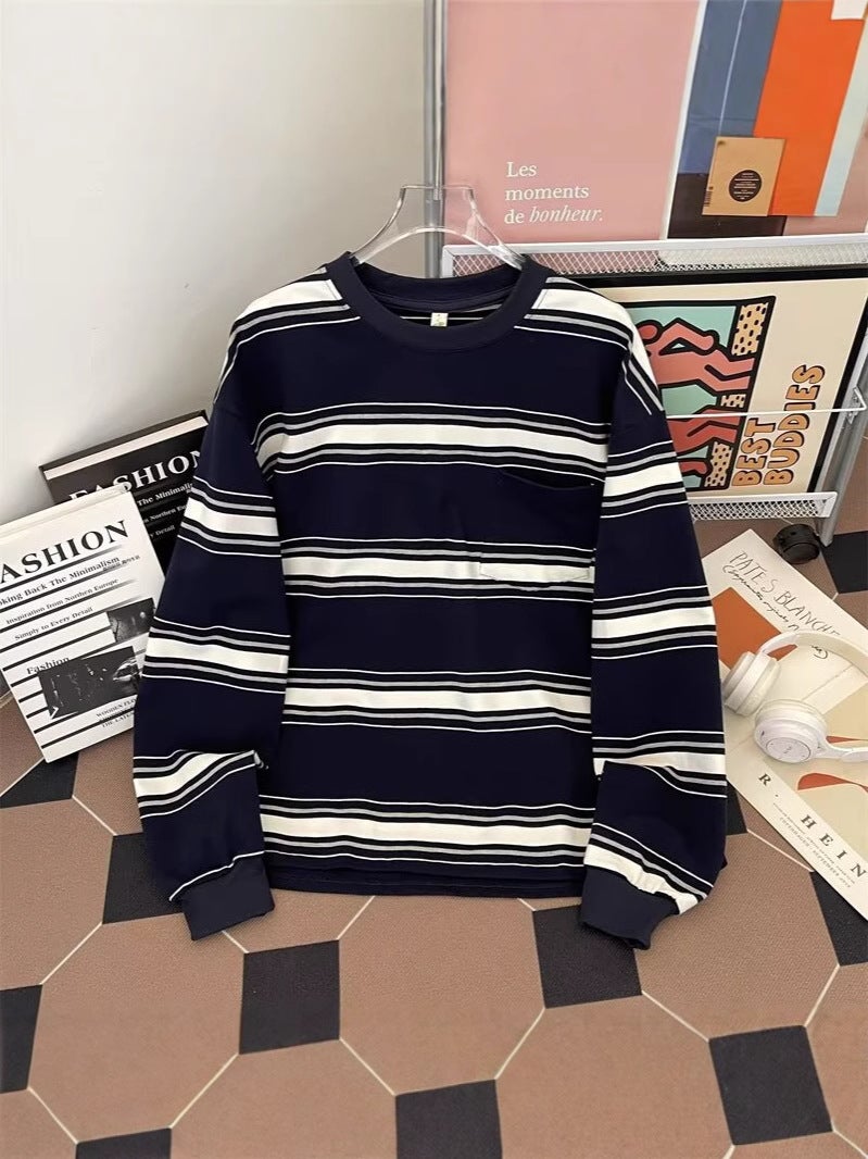 Heavy Japanese Style Pure Cotton Long-Sleeved T-Shirt Sweater Men'S Hong Kong Fashion Brand Striped Hatless Loose Round Neck Base Shirt - Image 3
