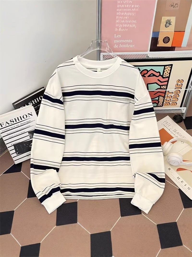 Heavy Japanese Style Pure Cotton Long-Sleeved T-Shirt Sweater Men'S Hong Kong Fashion Brand Striped Hatless Loose Round Neck Base Shirt - Image 4