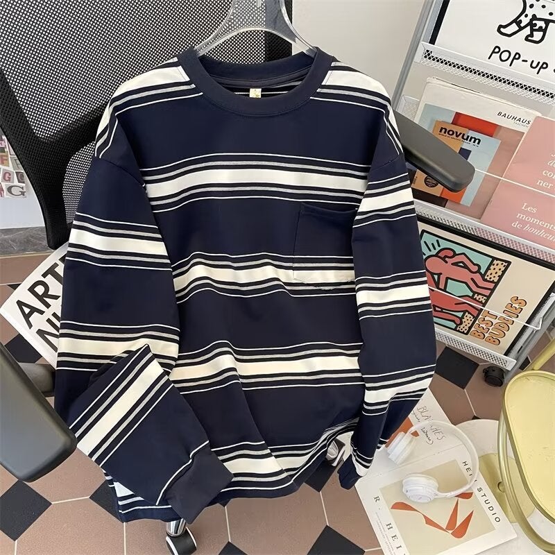 Heavy Japanese Style Pure Cotton Long-Sleeved T-Shirt Sweater Men'S Hong Kong Fashion Brand Striped Hatless Loose Round Neck Base Shirt - Image 1