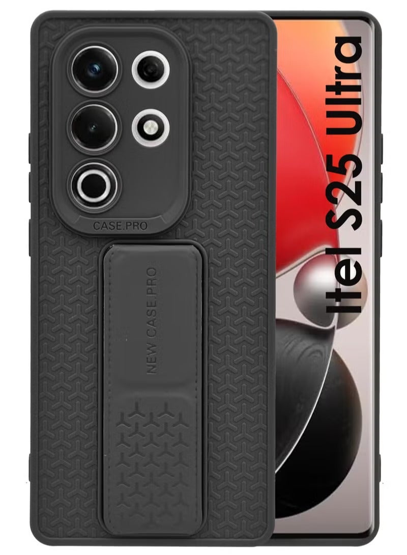 For Itel S25 Ultra - Semi Soft Silicone Magnetic Back Stand Case With Foldable Kickstand & Finger Strap - Black - Image 1
