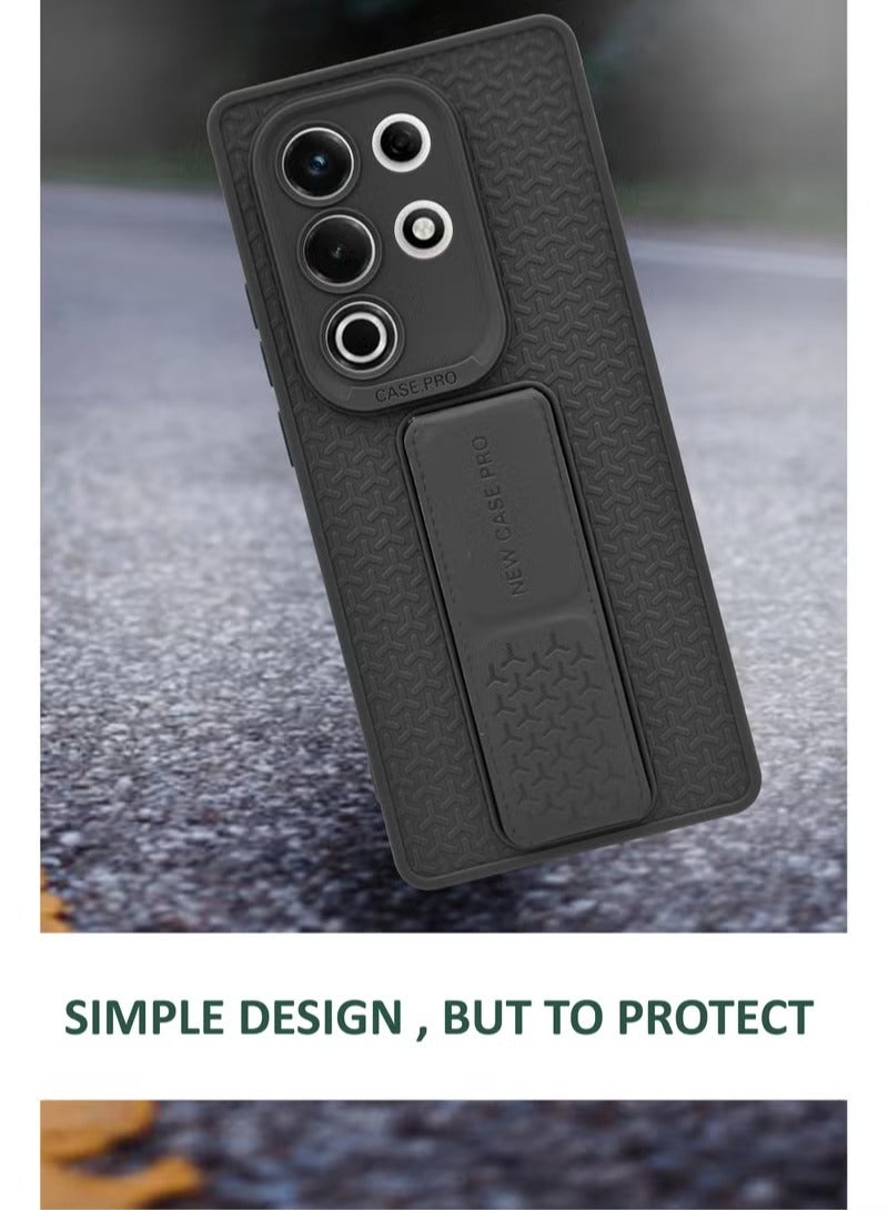 For Itel S25 Ultra - Semi Soft Silicone Magnetic Back Stand Case With Foldable Kickstand & Finger Strap - Black - Image 2