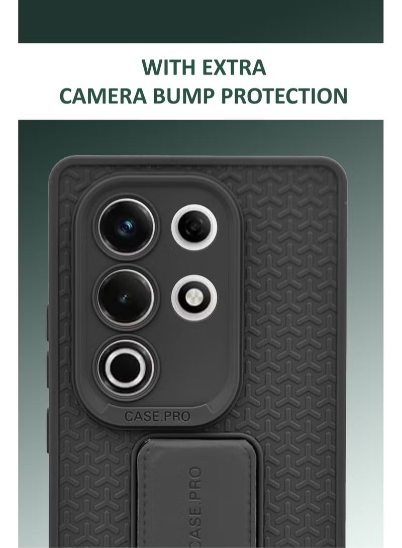 For Itel S25 Ultra - Semi Soft Silicone Magnetic Back Stand Case With Foldable Kickstand & Finger Strap - Black - Image 3