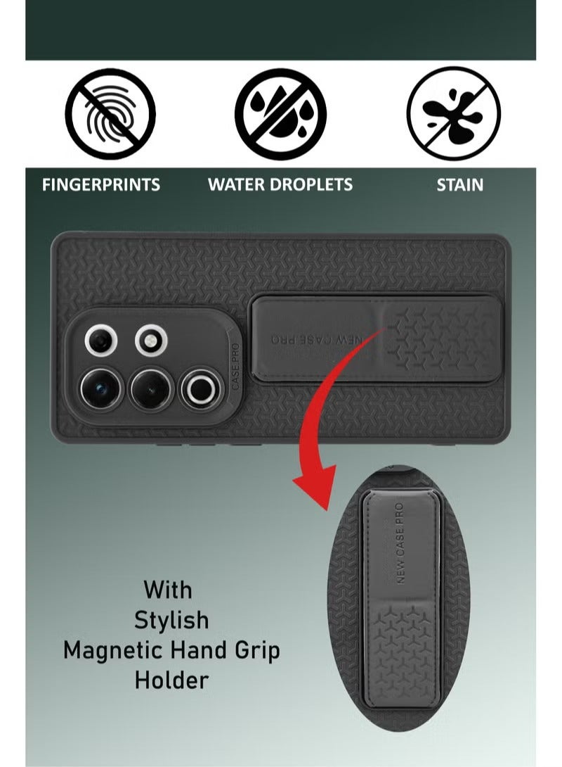 For Itel S25 Ultra - Semi Soft Silicone Magnetic Back Stand Case With Foldable Kickstand & Finger Strap - Black - Image 4