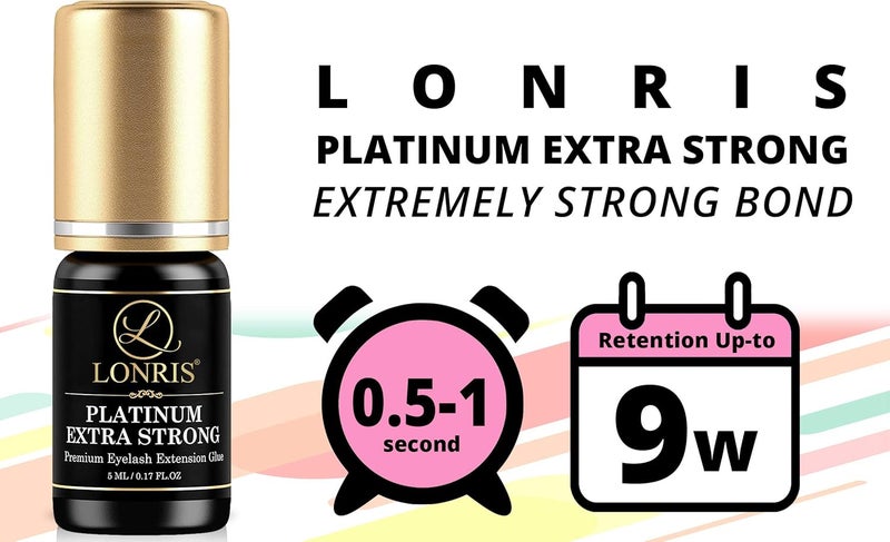 LONRIS 8-9 Weeks Retention/Volume Eyelash Extension Glue/Platinum Extra Strong Lash / 0.5-1 Sec Drying time/Maximum Bonding/Semi-Permanent Extensions Supplies/Professional Use Black Adhesive (5 ML) - Image 2